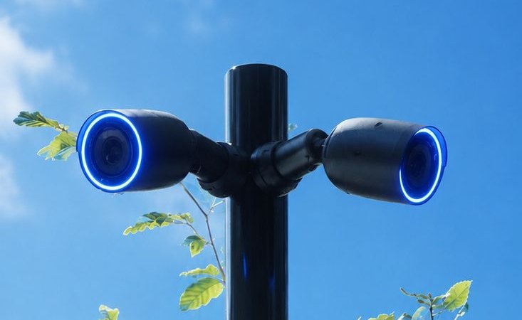 Camerapaal met twee UniFi-beveiligingscamera's tegen een blauwe lucht