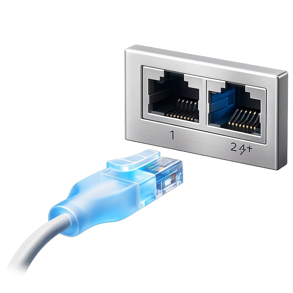 RJ45-kabel die wordt aangesloten op een netwerkaansluiting