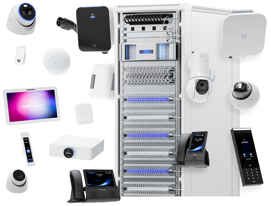 Overzicht van UniFi-apparatuur: camera's, netwerkkast, accesspoints, telefoons en toegangscontrole
