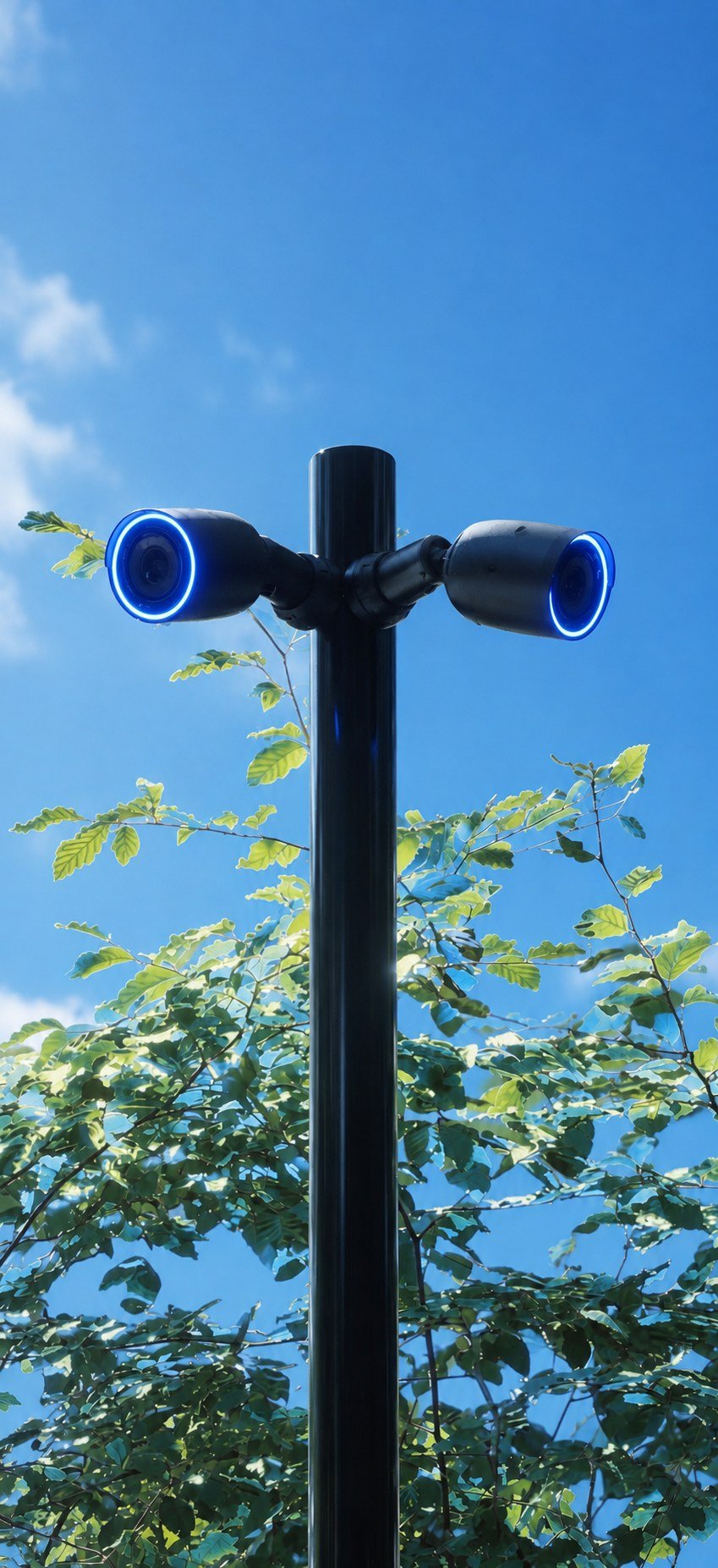 Camerapaal met twee UniFi-beveiligingscamera's tegen een blauwe lucht, bedrijventerrein Delft