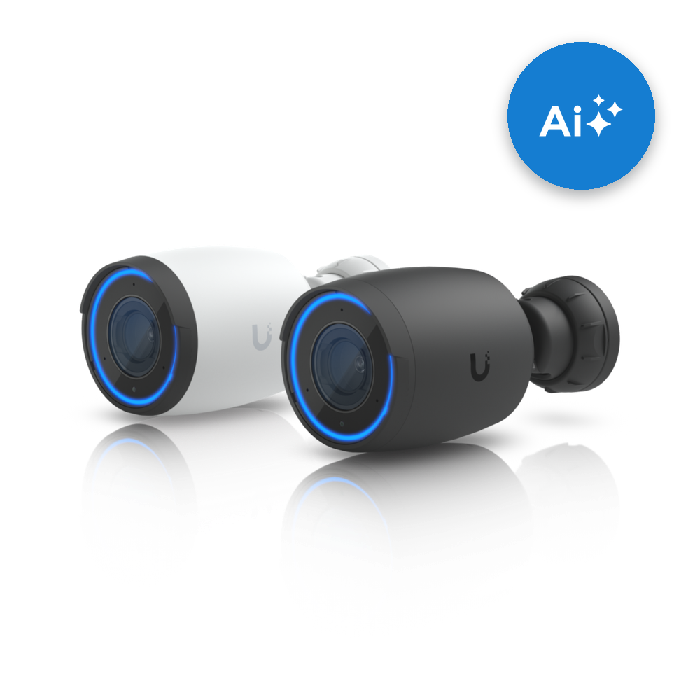 Twee UniFi beveiligingscamera's, zwart en wit