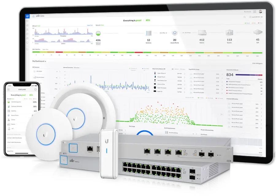 UniFi-dashboard en app met netwerkoverzicht, naast UniFi-hardware