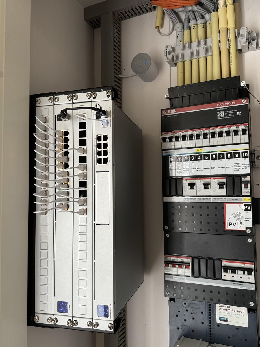 Nette patchkast met UniFi switch in de meterkast, naast de groepenkast